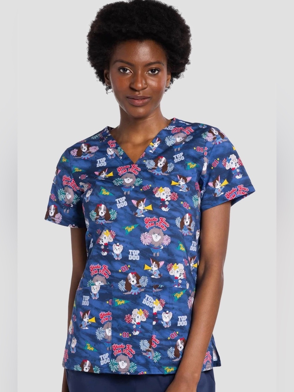 NWT Cherokee Navy Blue V-Neck Short Sleeve Top with Multicolor Dog Print Size S